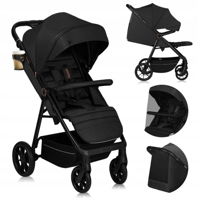 Carucior sport, Lionelo, Mira, Maner reglabil in 5 pozitii, Spatar si suport de picioare reglabile, Plasa de tantari si suport biberon incluse, Pana la 22 kg, 6 luni+, Conform cu EN1888-1, EN1888-2, Testare SGS, Negru BYNLO-MIRA_BLACK_ONYX