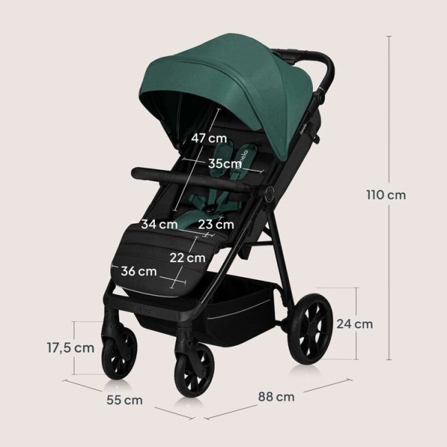 Carucior sport, Lionelo, Mira, Maner reglabil in 5 pozitii, Spatar si suport de picioare reglabile, Plasa de tantari si suport biberon incluse, Pana la 22 kg, 6 luni+, Conform cu EN1888-1, EN1888-2, Testare SGS, Verde BYNLO-MIRA_GREEN_EMERALD