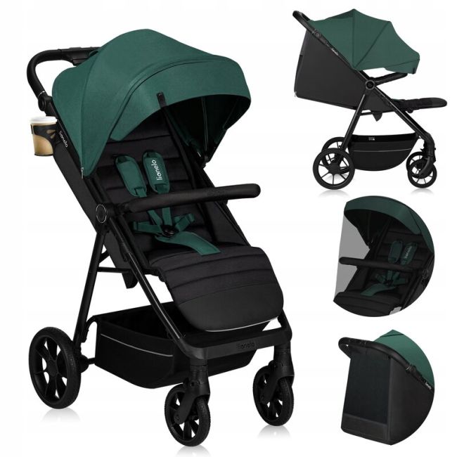 Carucior sport, Lionelo, Mira, Maner reglabil in 5 pozitii, Spatar si suport de picioare reglabile, Plasa de tantari si suport biberon incluse, Pana la 22 kg, 6 luni+, Conform cu EN1888-1, EN1888-2, Testare SGS, Verde BYNLO-MIRA_GREEN_EMERALD