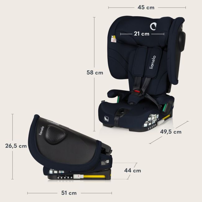 Scaun auto pliabil, Lionelo, Nelly, i-Size, 76- 150 cm, Tetiera reglabila in 15 pozitii, Spatar reglabil in 4 pozitii, Sisteme de fixare Isofix si Top Tether, Sezut lat si confortabil, Conform cu ECE R129, Albastru BYNLO-NELLY_I-SIZE_BLUE_NAVY