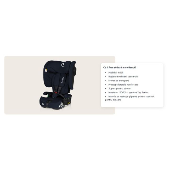 Scaun auto pliabil, Lionelo, Nelly, i-Size, 76- 150 cm, Tetiera reglabila in 15 pozitii, Spatar reglabil in 4 pozitii, Sisteme de fixare Isofix si Top Tether, Sezut lat si confortabil, Conform cu ECE R129, Albastru BYNLO-NELLY_I-SIZE_BLUE_NAVY