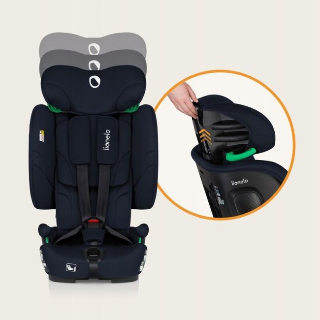 Scaun auto pliabil, Lionelo, Nelly, i-Size, 76- 150 cm, Tetiera reglabila in 15 pozitii, Spatar reglabil in 4 pozitii, Sisteme de fixare Isofix si Top Tether, Sezut lat si confortabil, Conform cu ECE R129, Albastru BYNLO-NELLY_I-SIZE_BLUE_NAVY