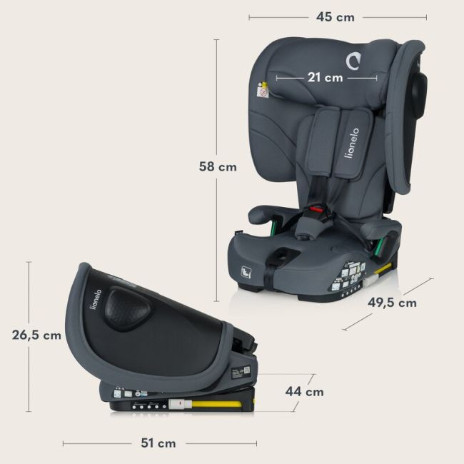 Scaun auto pliabil, Lionelo, Nelly, i-Size, 76- 150 cm, Tetiera reglabila in 15 pozitii, Spatar reglabil in 4 pozitii, Sisteme de fixare Isofix si Top Tether, Sezut lat si confortabil, Conform cu ECE R129, Gri BYNLO-NELLY_I-SIZE_GREY_GRAPHITE