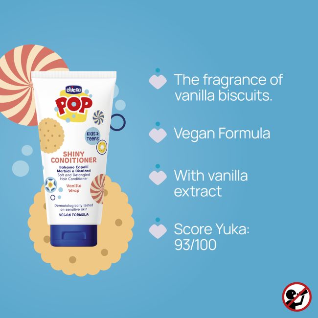 Balsam pentru un par stralucitor, Chicco POP cu aroma de prajitura cu vanilie, formula vegana, pentru copii si adolescenti, 150 ml CHC12374-9