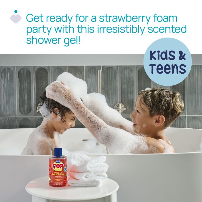 Gel de dus spumant Chicco Pop cu aroma de bomboane cu capsuni, formula vegana, pentru copii si adolescenti 300 ml CHC12370-9