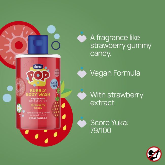 Gel de dus spumant Chicco Pop cu aroma de bomboane cu capsuni, formula vegana, pentru copii si adolescenti 300 ml CHC12370-9