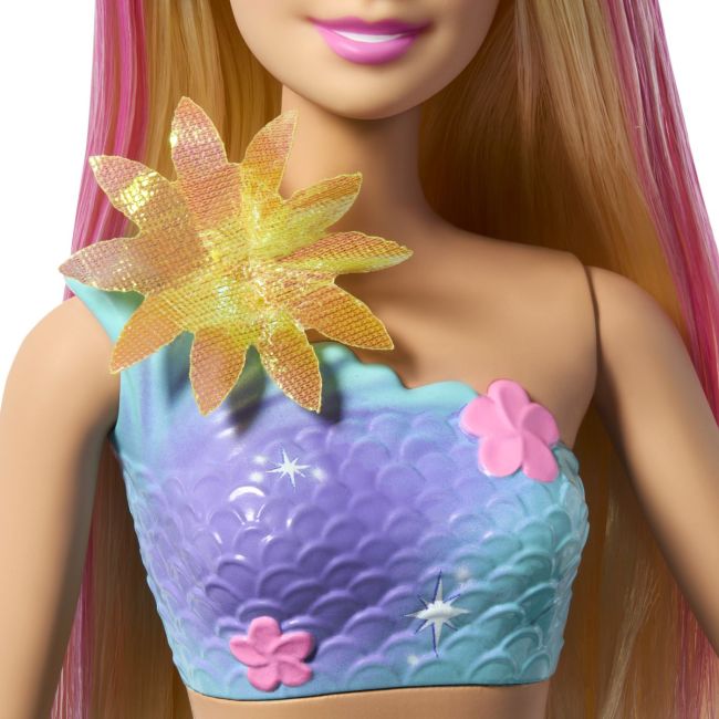 BARBIE PAPUSA SIRENA FLOARE MAGICA CU PAR BLOND SI COADA ALBASTRA VIVMTJDM72