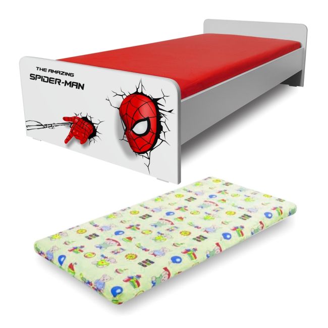 Pat de Baieti 2-12 ani Economic Spiderman cu Saltea cu lana SafeNest de 160x80x6cm inclusa - PC-P-MK-ECO-SPM-80