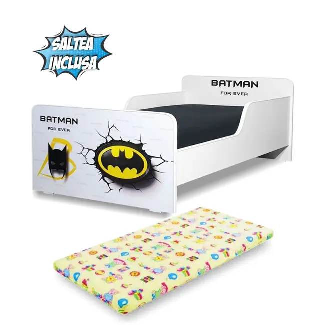 Pat pentru Baieti Start Batman cu saltea din lana 140x70 inclusa PC-P-MOK-BTM-70