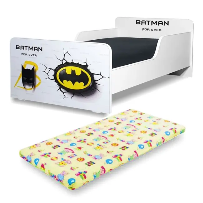 Pat pentru Baieti Start Batman cu saltea din lana 140x70 inclusa PC-P-MOK-BTM-70