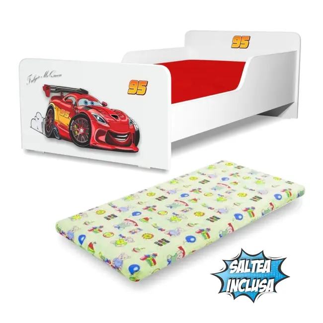 Pat Start Fulger McQueen pentru baieti 2-8 ani, saltea cu lana 140x70 inclusa - PC-P-MOK-FLG-70