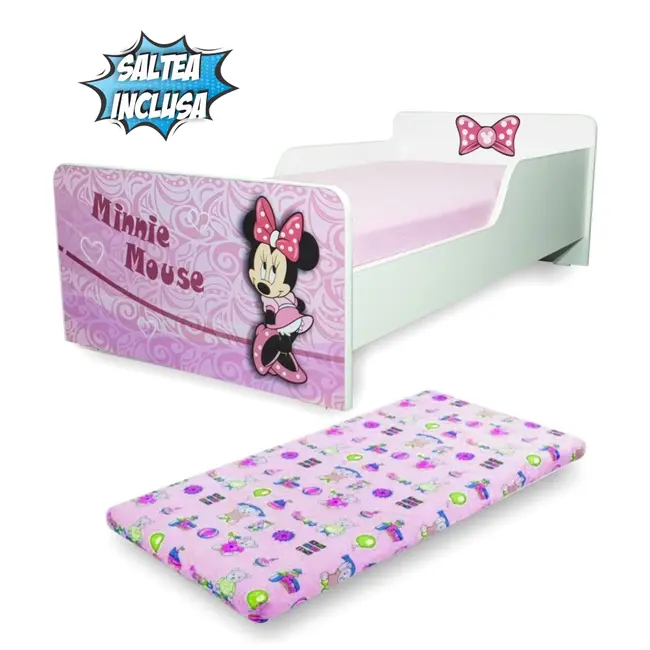 Patut Fetita Start Minnie 2-8 ani, cu saltea SafeNest 140x70x6 cm cu lana  PC-P-MOK-MIN-70