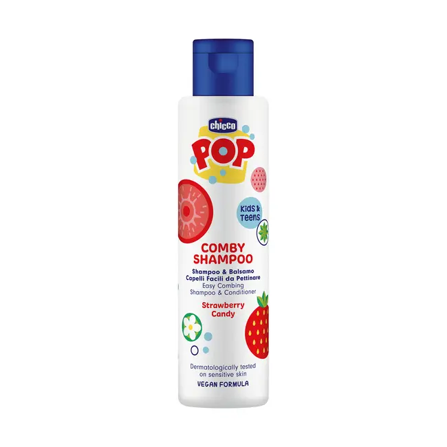 Sampon si balsam de par 2 in 1 Chicco POP cu aroma de bomboane cu capsuni, formula vegana, pentru copii si adolescenti 250 ml CHC12372-9