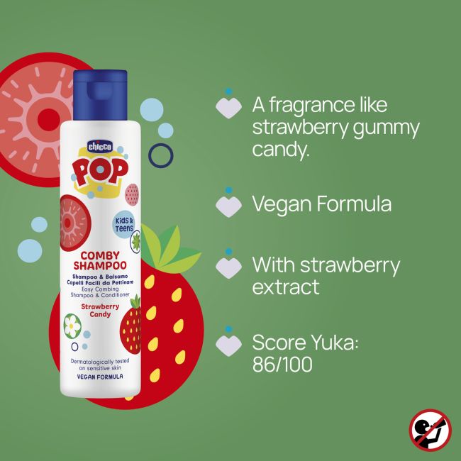 Sampon si balsam de par 2 in 1 Chicco POP cu aroma de bomboane cu capsuni, formula vegana, pentru copii si adolescenti 250 ml CHC12372-9