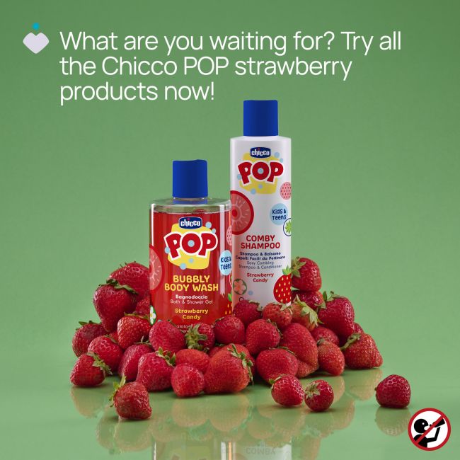 Sampon si balsam de par 2 in 1 Chicco POP cu aroma de bomboane cu capsuni, formula vegana, pentru copii si adolescenti 250 ml CHC12372-9