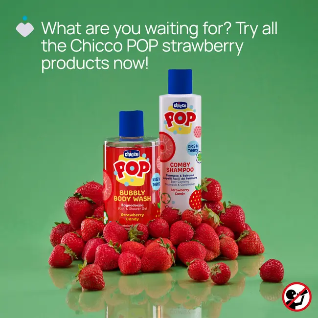 Sampon si balsam de par 2 in 1 Chicco POP cu aroma de bomboane cu capsuni, formula vegana, pentru copii si adolescenti 250 ml CHC12372-9