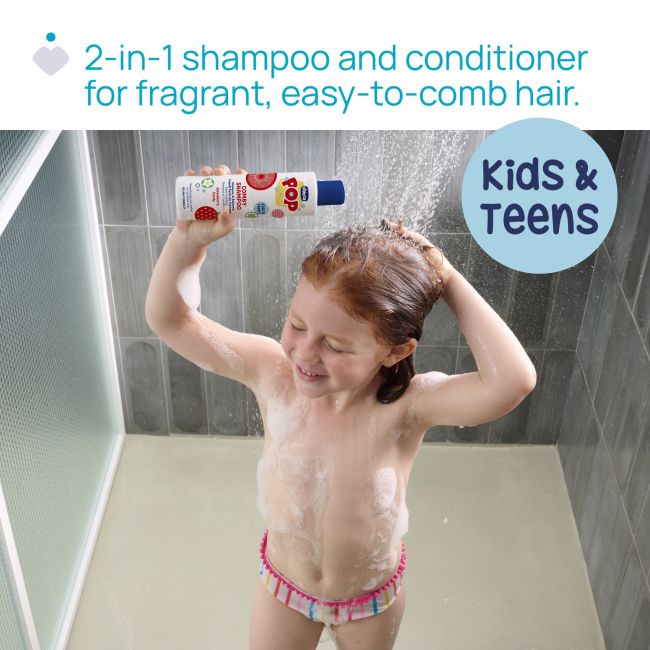 Sampon si balsam de par 2 in 1 Chicco POP cu aroma de bomboane cu capsuni, formula vegana, pentru copii si adolescenti 250 ml CHC12372-9