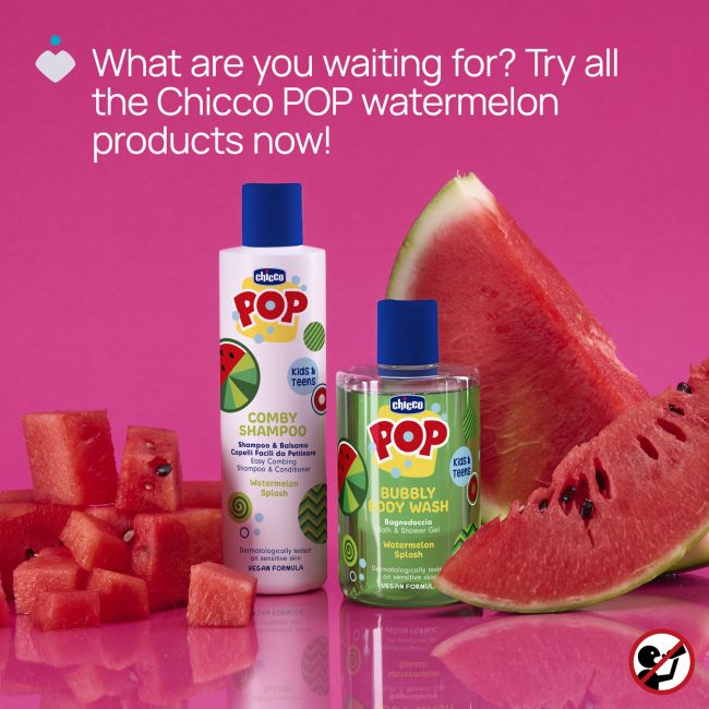 Sampon si balsam de par 2 in 1 Chicco POP cu aroma de pepene rosu, formula vegana, pentru copii si adolescenti, 250 ml CHC12373-9