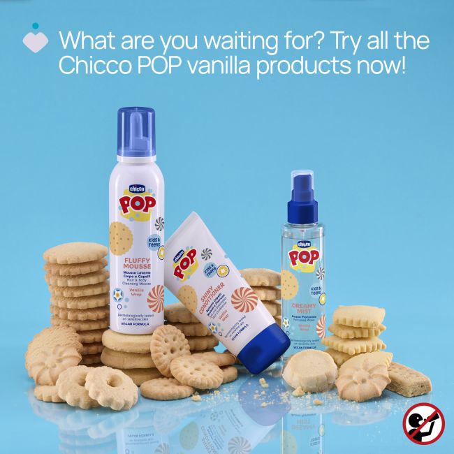 Sampon si gel de dus Chicco POP, tip spuma cu aroma de prajitura cu vanilie, formula vegana, pentru copii si adolescenti, 200 ml CHC12369-9