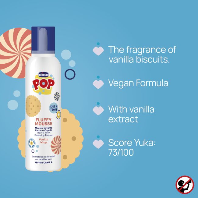 Sampon si gel de dus Chicco POP, tip spuma cu aroma de prajitura cu vanilie, formula vegana, pentru copii si adolescenti, 200 ml CHC12369-9