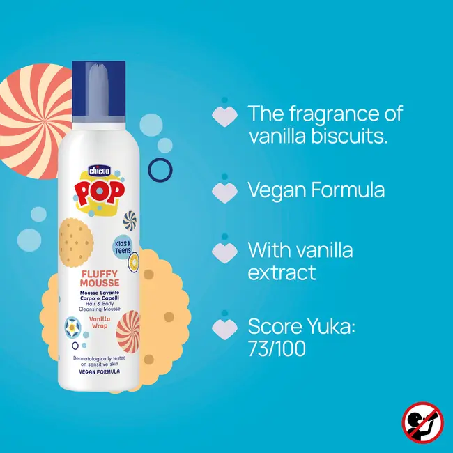 Sampon si gel de dus Chicco POP, tip spuma cu aroma de prajitura cu vanilie, formula vegana, pentru copii si adolescenti, 200 ml CHC12369-9