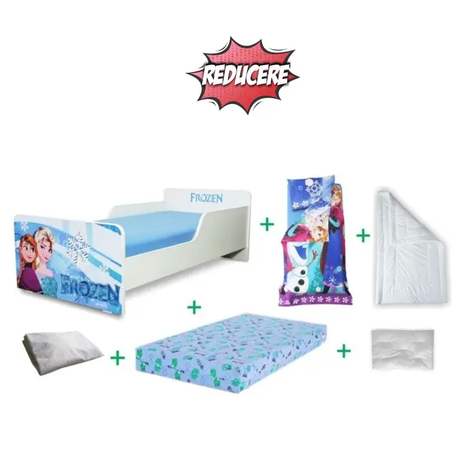 Pachet Promo Complet Pat Fete Start Frozen 2-8 ani cu saltea 140/70/12 cm SmartNest cu lana, husa, perna, pilota si lenjerie