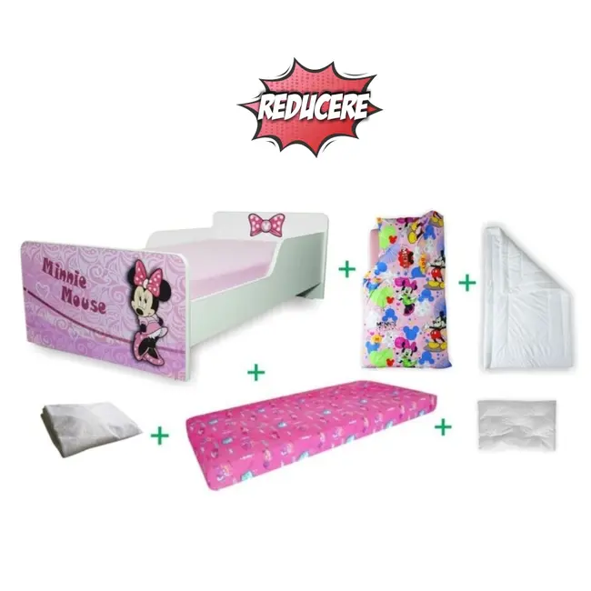 Pachet Complet Patut Start Minnie pt fete 2 - 8 ani, saltea SmartNest cu lana 140x70x12 cm, husa, pilota, lenjerie, perna