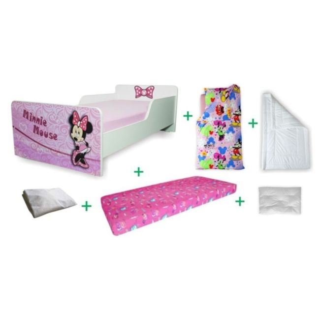Pachet Complet Patut Start Minnie pt fete 2 - 8 ani, saltea SmertNest cu lana 140x70x12 cm, husa, pilota, lenjerie, perna