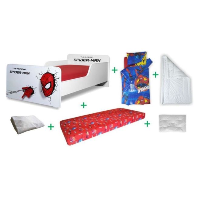 Pachet Complet Pat Start Spiderman Baieti cu varste 2-12 ani, include saltea cu lana de 160x80x12 cm, husa, pilota, perna si lenjerie pat