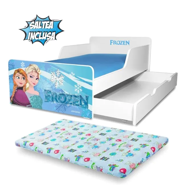 Pat Fete Start Frozen 2-12 ani, varianta cu saltea 160x80 cu lana si sertar inclus- PC-P-MK-FRZ-SRT-80