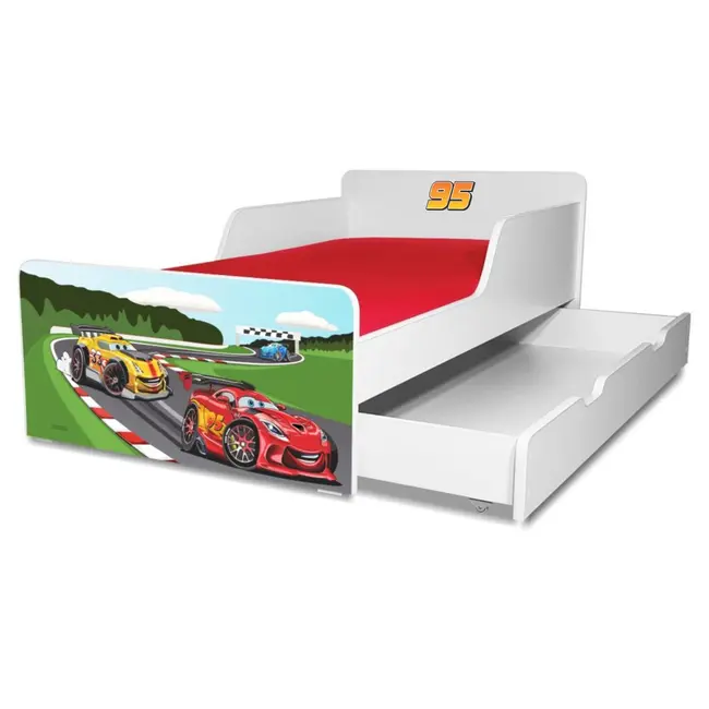 Pat baieti Start Racing Fulger 95 pentru 2-12 ani cu sertar si saltea 160x80 cu lana PC-P-MK-SRT-95-80