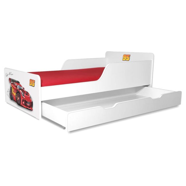 Pat Baieti 2-12 ani Start Fulger McQueen, include sertar si Saltea cu lana SafeNest 160x80- PC-P-MK- SRT-FLG-80