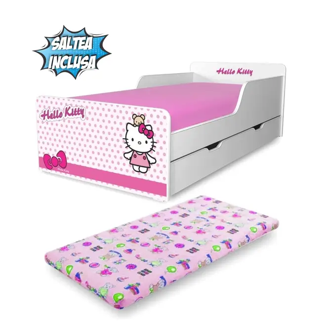 Pat pentru Fete 2-12 ani Start Hello Kitty cu sertar si Saltea cu lana SafeNest 160x80cm- PC-P-MK-SRT-HKT-80