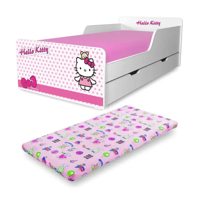 Pat pentru Fete 2-12 ani Start Hello Kitty cu sertar si Saltea cu lana SafeNest 160x80cm- PC-P-MK-SRT-HKT-80
