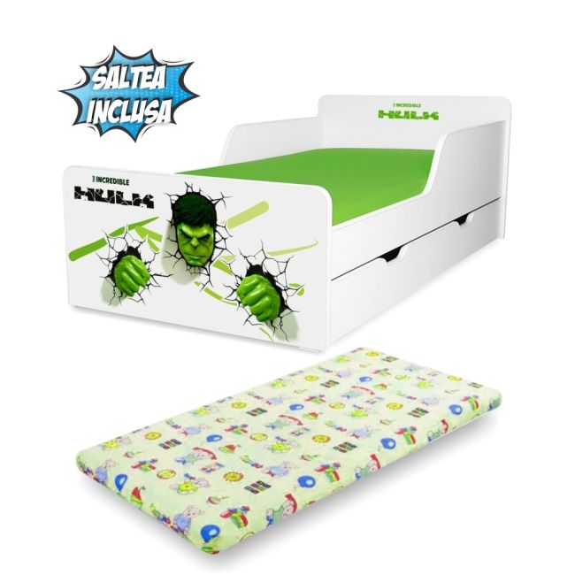 Pat Copii Hulk 2-12 Ani Cu Sertar Si Saltea Inclusa - Pc-p-mk-hlk-srt-80