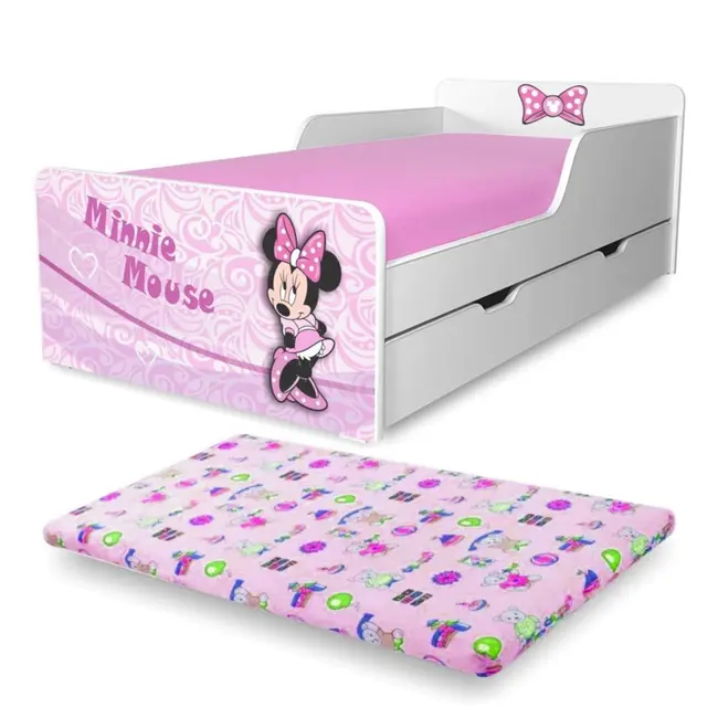 Pat Start Minnie fete 2-12 ani cu sertar si saltea SafeNest cu lana 160x80x6 cm  PC-P-MK-SRT-MIN-80