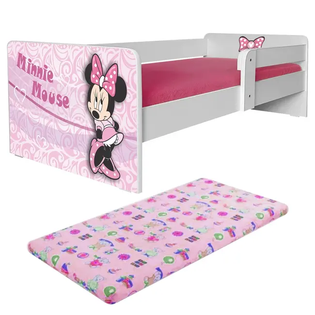 Pat de fete 2-12 Ani Minnie P1 Cu Saltea SafeNest cu lana 160x80 Si Protectie Laterala - Pc-p-mk-min-p1-80