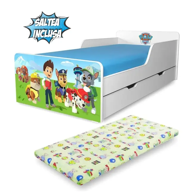 Pat Start Paw Patrol 2-12 ani cu sertar si saltea SafeNest de lana 160x80x6 - PC-P-MK-SRT-PAW-80