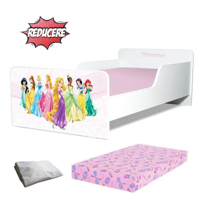 Pachet Promo Pat de Fete 2-12 ani Start Printese, saltea SmartNest cu lana 160x80x12 cm si husa impermeabila - PC-PCH-PRO-STR-PRN-80