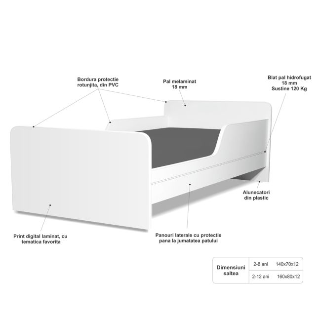 Pat Copii Printese 2-12 Ani + Saltea 160x80x12 Cm + Husa Impermeabila - Pc-pch-pro-str-prn-80