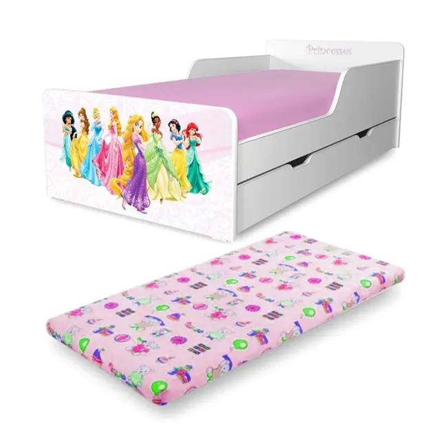 Pat pentru Fetite Start Printese 2-12 ani, cu sertar si Saltea cu lana SafeNest 160x80 inclusa - PC-P-MK-SRT-PRN-80