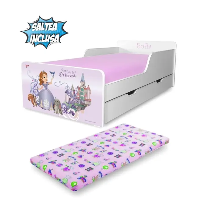 Pat Fete Start Sofia  2-12 ani, cu sertar si Saltea cu lana SafeNest 160x80x6cm inclusa - PC-P-MK-SRT-SOF-80
