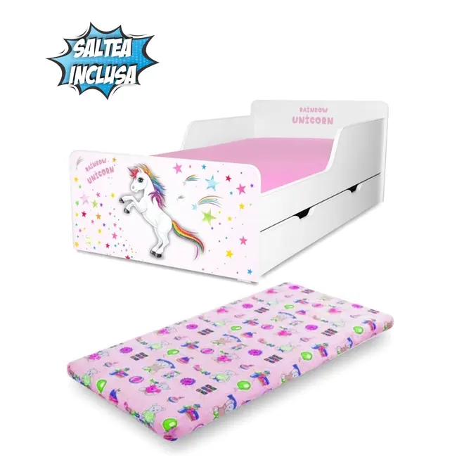 Pat pentru Fete 2-12 ani Start Unicorn cu sertar si saltea 160x80cm inclusa  - PC-P-MK-UNC-SRT-80