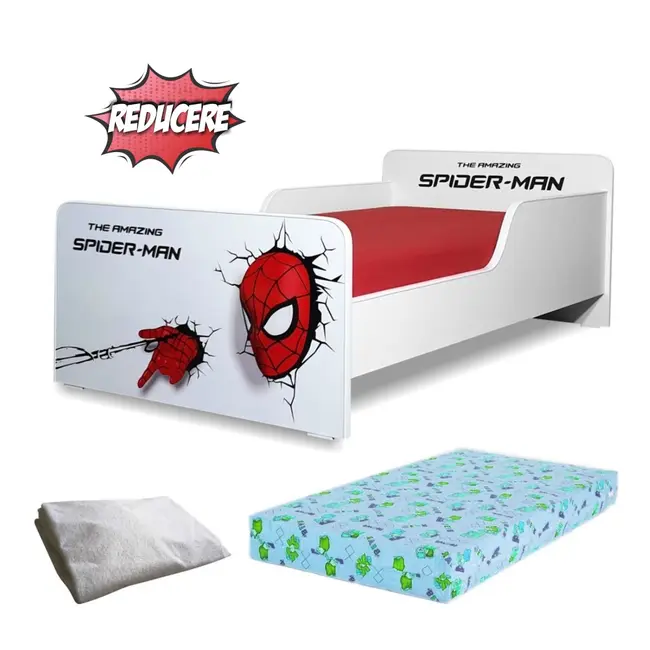 Pachet Promo Pat Baieti 2-8 ani Start Spiderman, saltea 140x70x12 cm SmartNest cu lana si husa impermeabila incluse- PC-PCH-PRO-STR-SPM-70