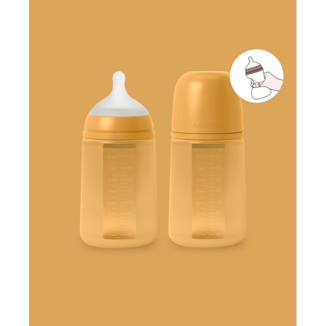 Biberon din silicon, 240ml, Colour Essence SX Pro debit mediu, galben muștar JEM8426420081177