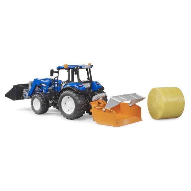 Bruder - Tractor New Holland T5.120 cu incarcator frontal detasabil lada pentru basculat baloti si furci ARTBR02187