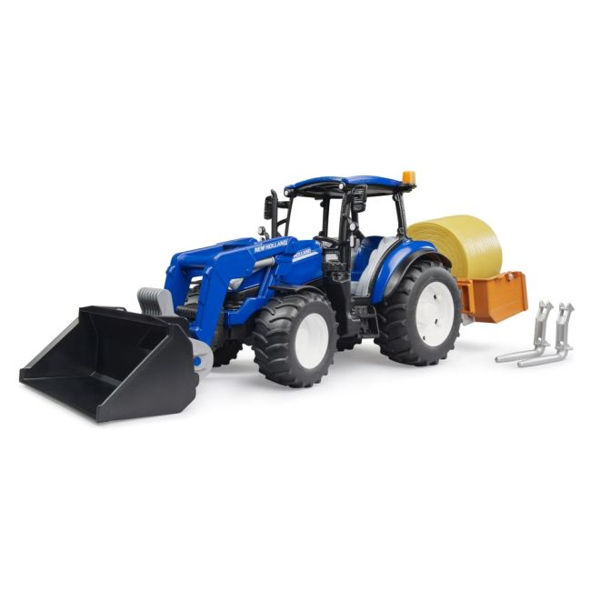 Bruder - Tractor New Holland T5.120 cu incarcator frontal detasabil lada pentru basculat baloti si furci ARTBR02187
