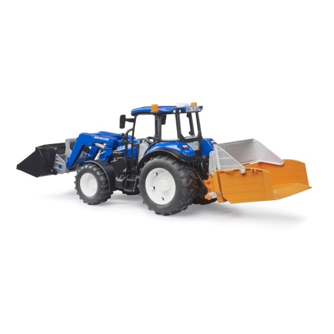 Bruder - Tractor New Holland T5.120 cu incarcator frontal detasabil lada pentru basculat baloti si furci ARTBR02187