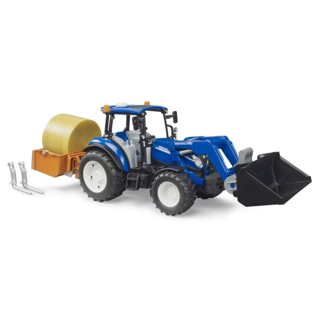 Bruder - Tractor New Holland T5.120 cu incarcator frontal detasabil lada pentru basculat baloti si furci ARTBR02187