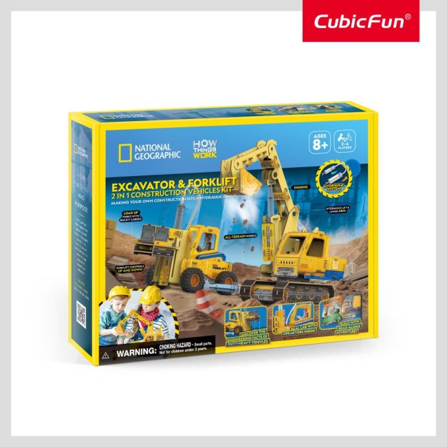 Cubic Fun - Joc Educativ STEM National Geographic puzzle 3D Excavator si Stivuitor ARTCUDS1131h